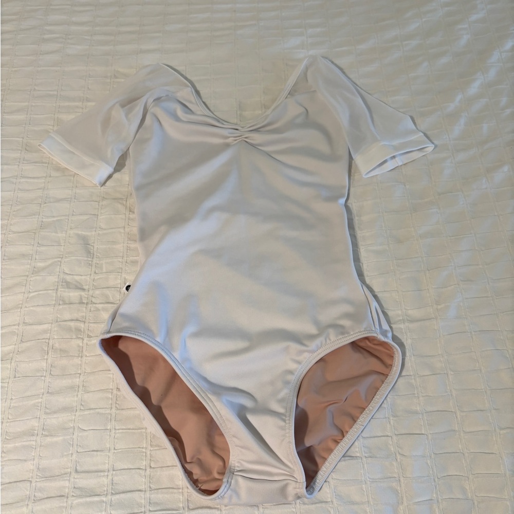 AK dancewear white leotard with mesh sleeves and back